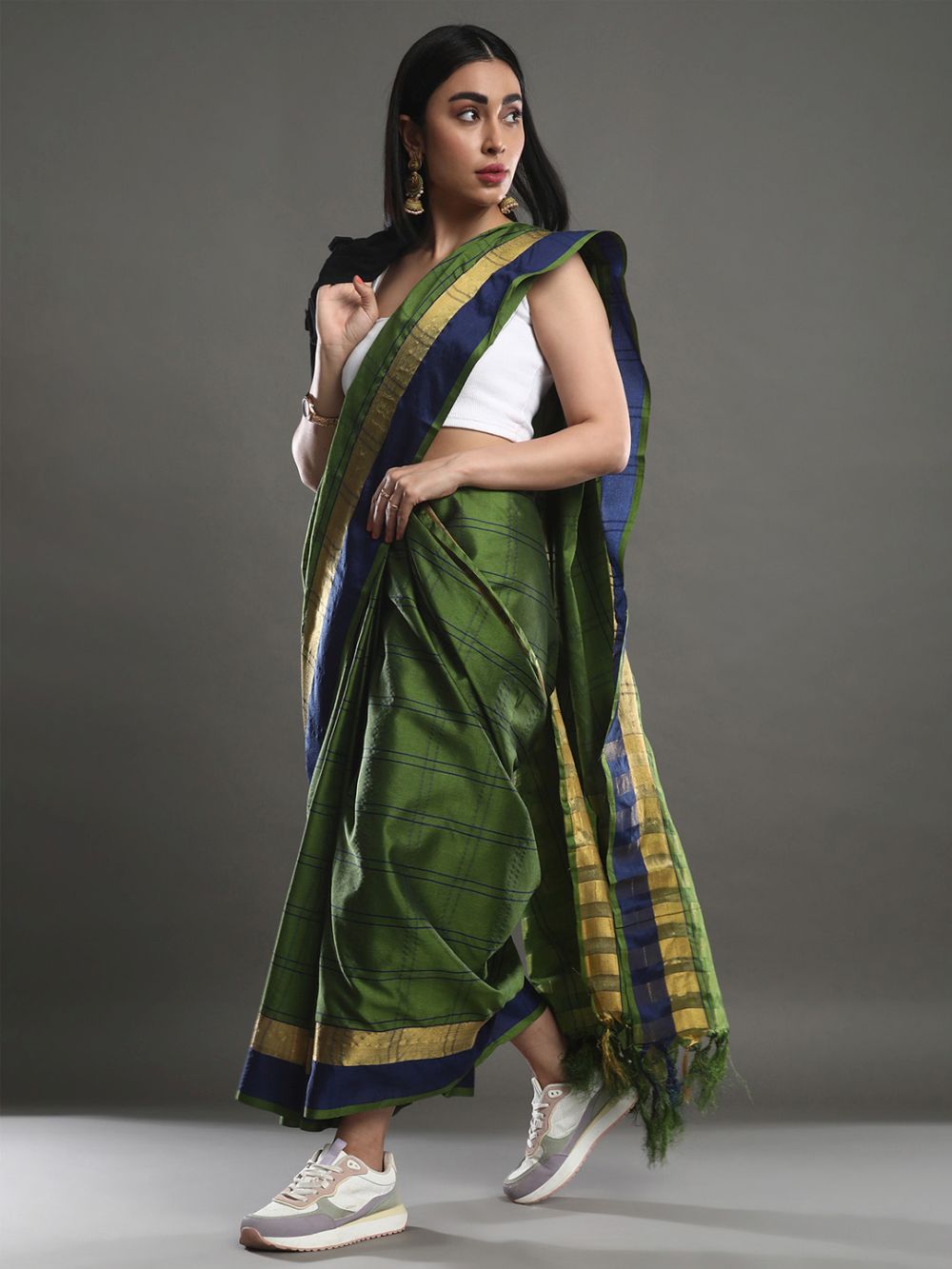 Jiya Green Cotton Blend Printed One Minute Saree