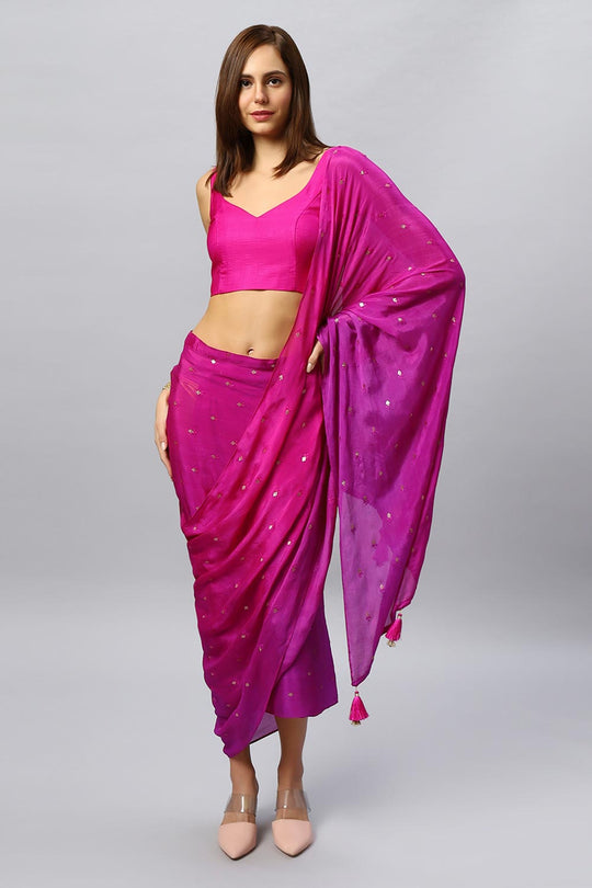Buy Jolie Magenta Chinon Silk Sarong Saree with Gold Sequin Online - One Minute Saree