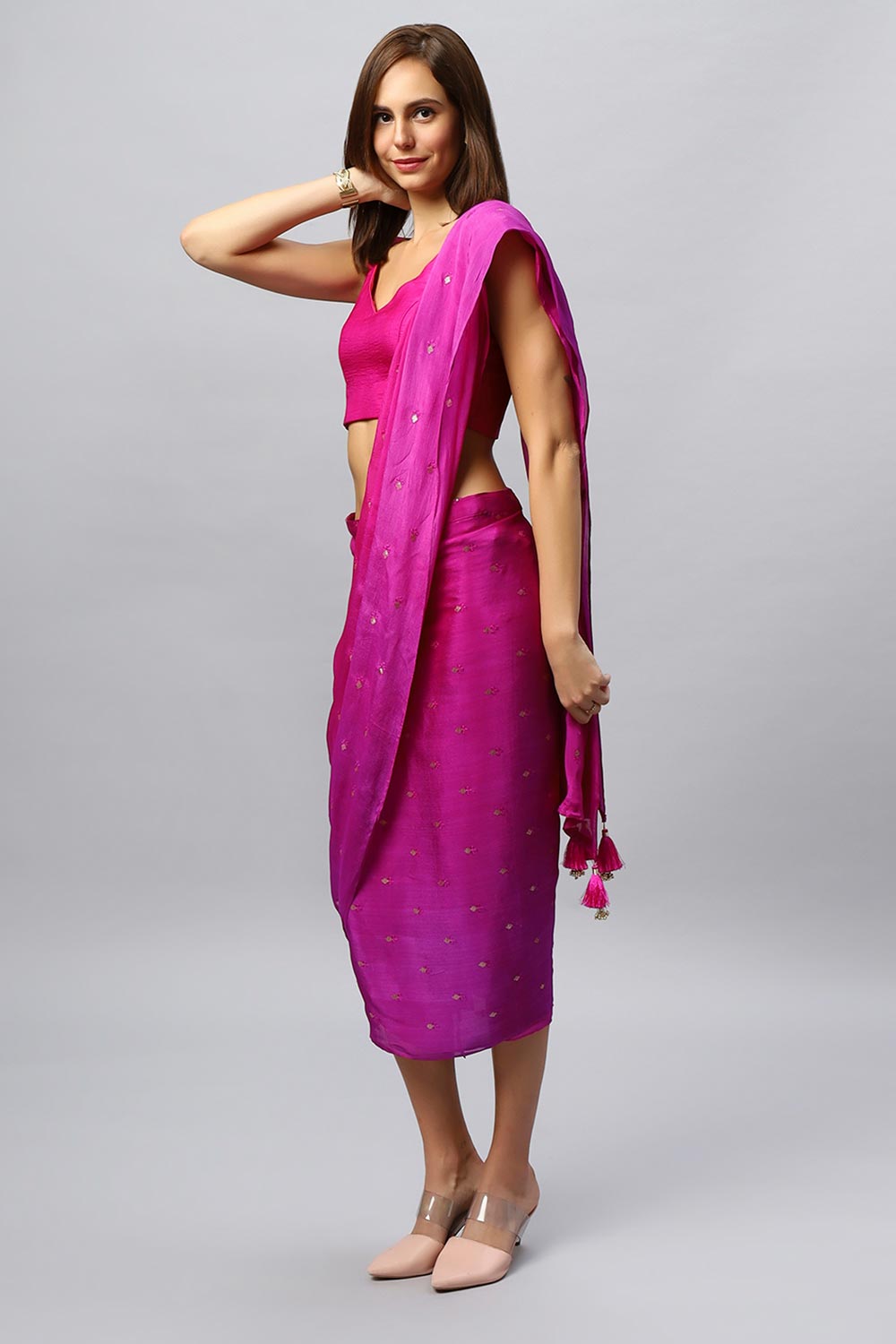 Buy Jolie Magenta Chinon Silk Sarong Saree with Gold Sequin Online