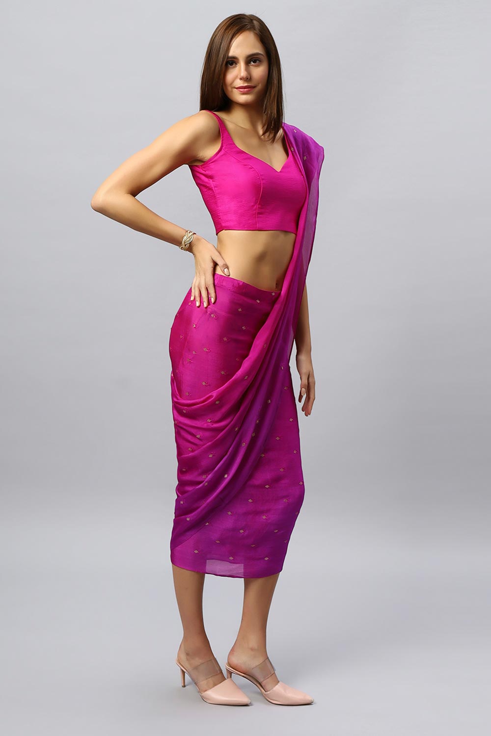 Buy Jolie Magenta Chinon Silk Sarong Saree with Gold Sequin Online - Back