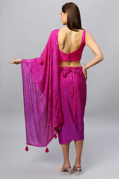 Buy Jolie Magenta Chinon Silk Sarong Saree with Gold Sequin Online - Front