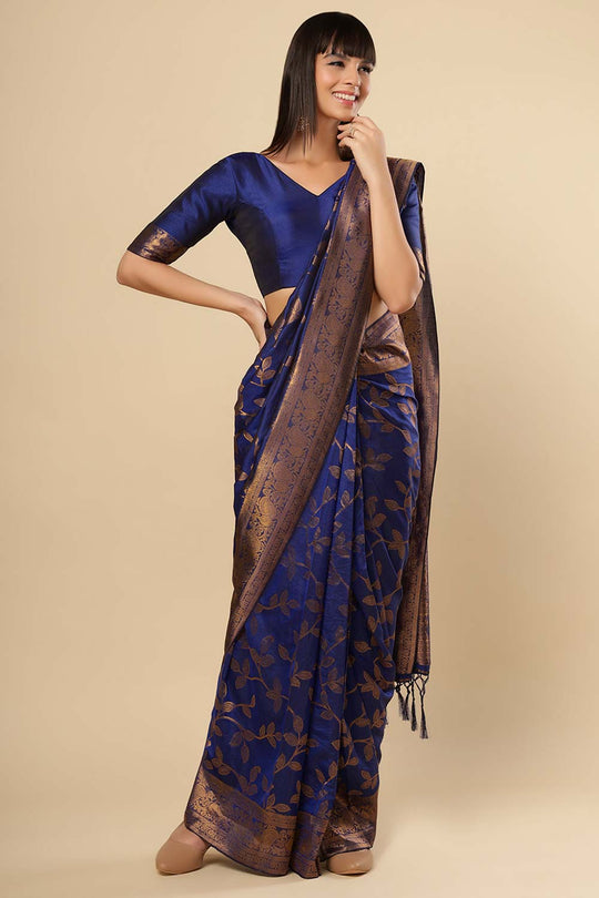 Drew Navy Blue Art Silk Kanjivaram One Minute Saree