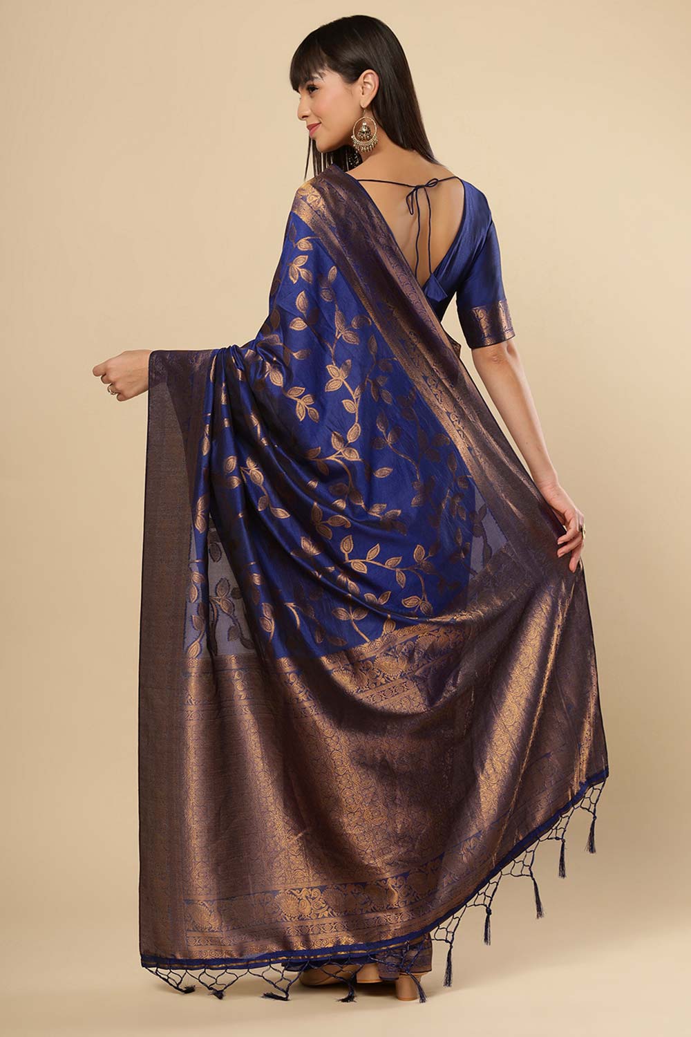 Drew Navy Blue Art Silk Kanjivaram One Minute Saree