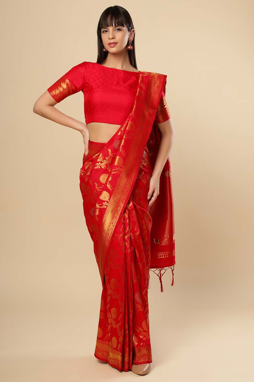 Silia Red Silk Blend Banarasi One Minute Saree