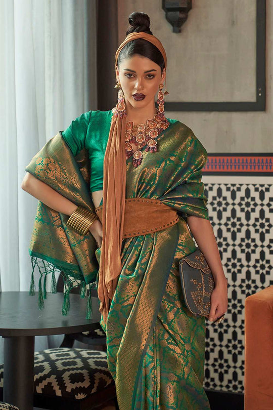 Keisha Green Silk Blend Ethnic Motif Ready To Wear One Minute Saree