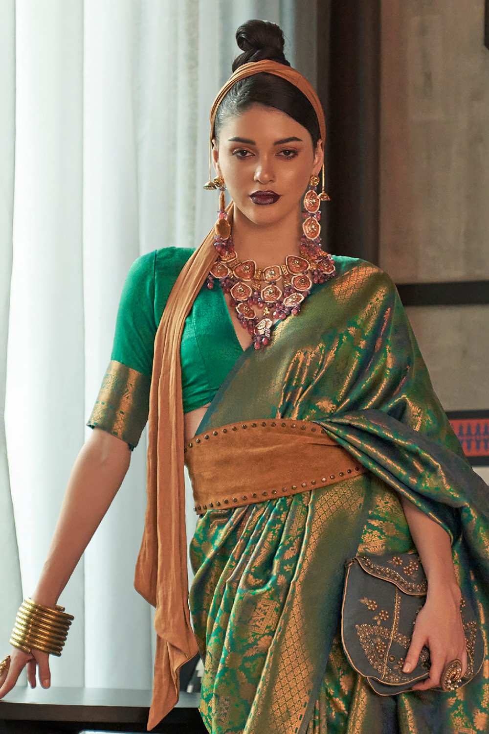 Keisha Green Silk Blend Ethnic Motif Ready To Wear One Minute Saree