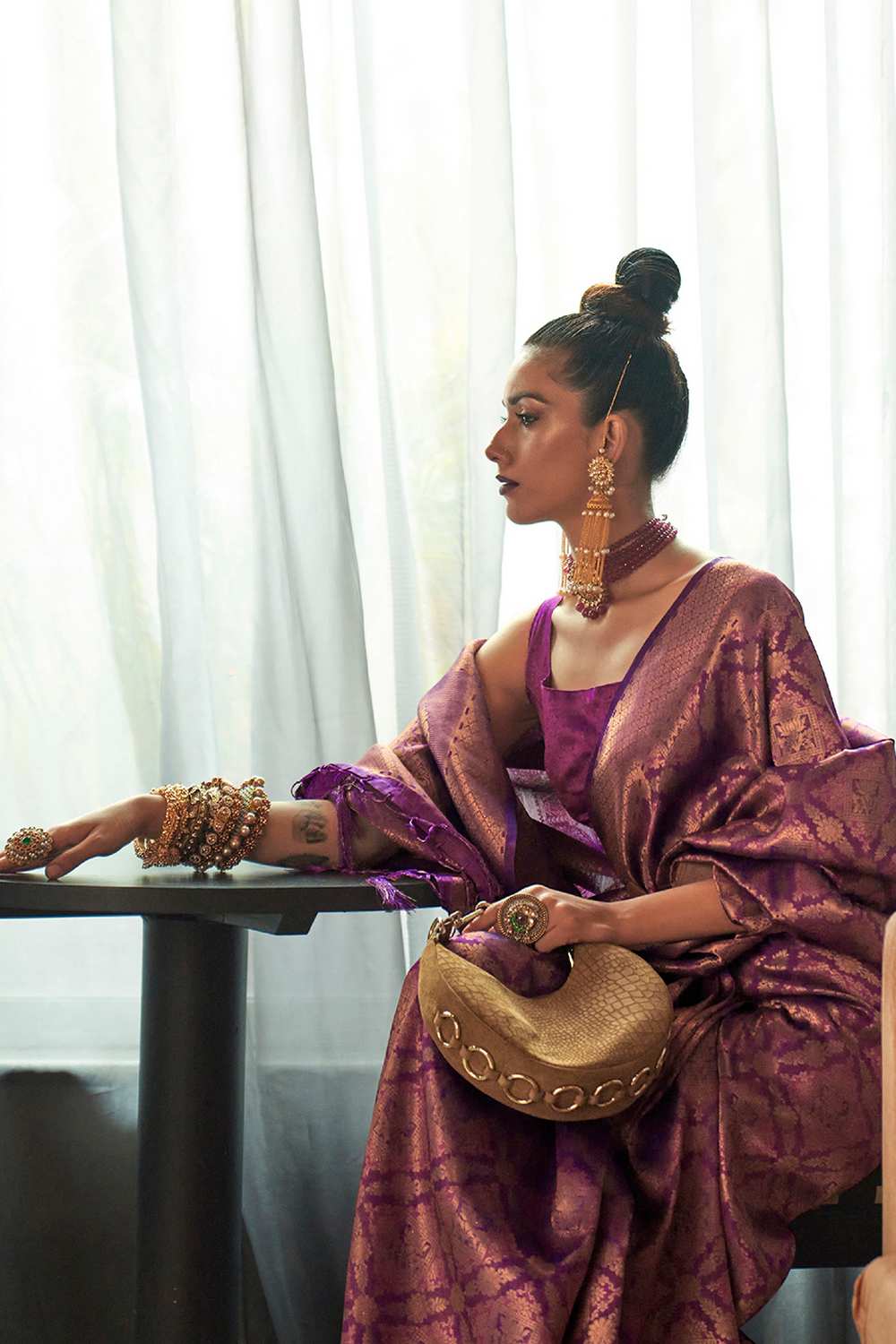 Purple Silk Blend Ethnic Motif Ready To Wear One Minute Saree