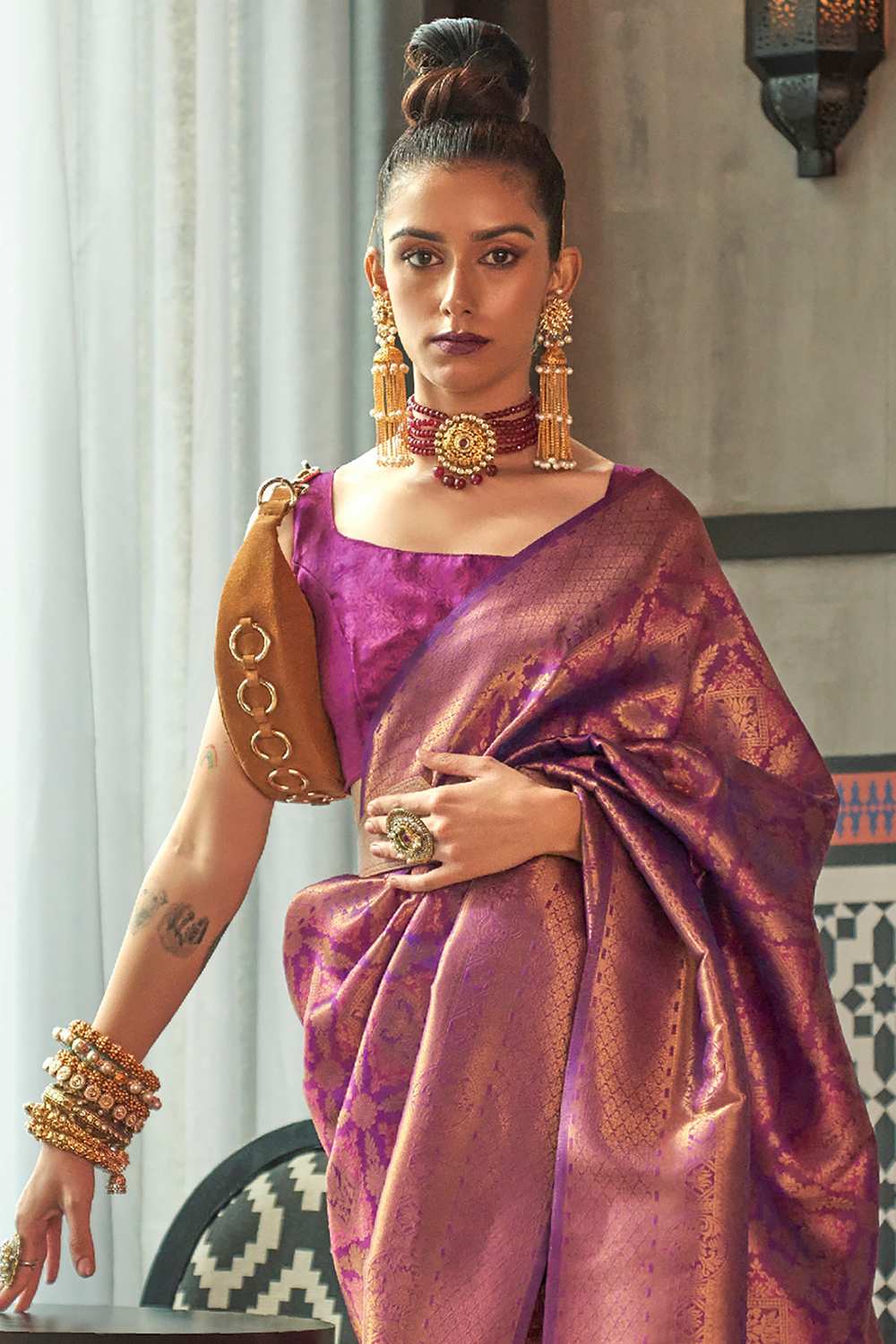 Purple Silk Blend Ethnic Motif Ready To Wear One Minute Saree