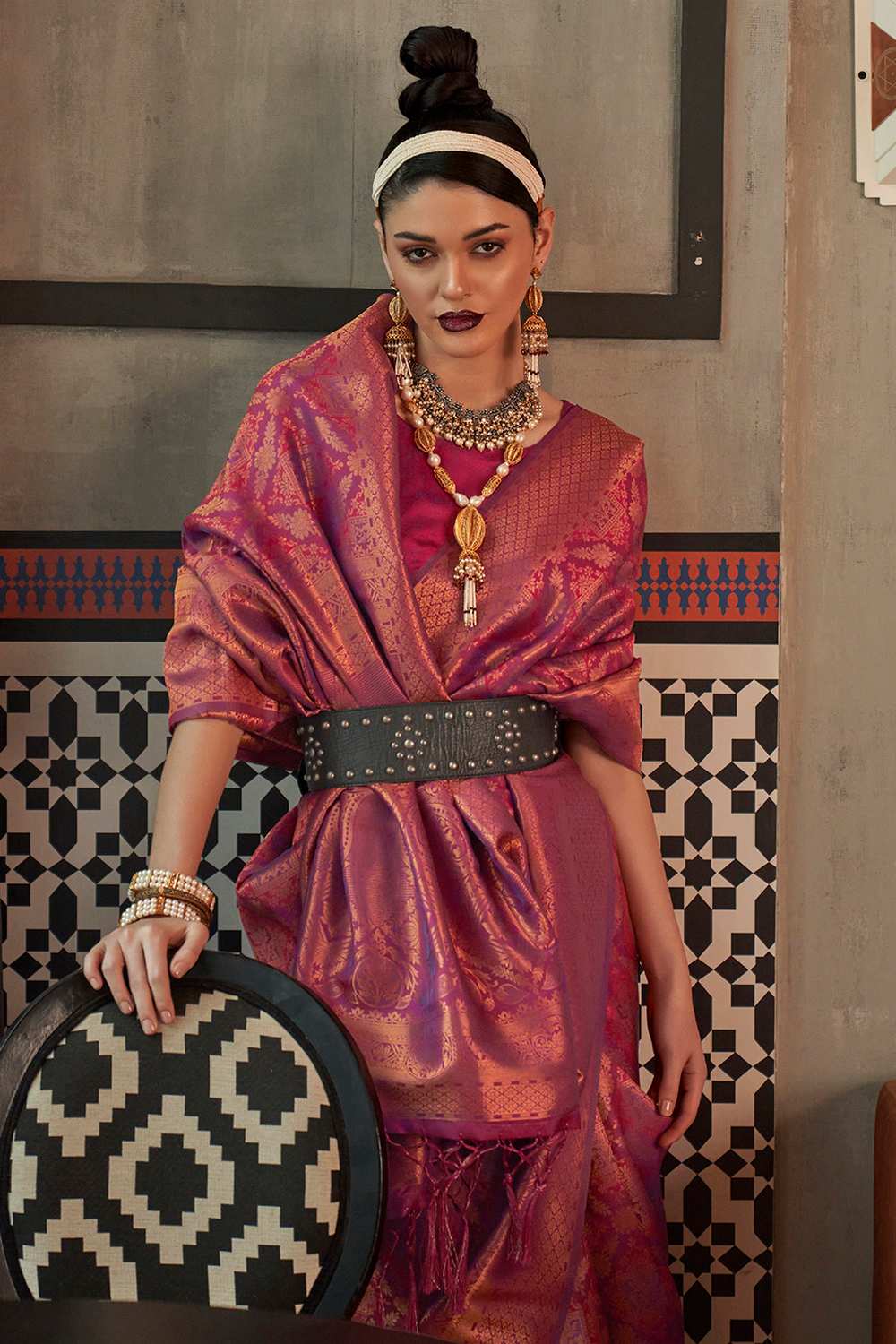 Keisha Purple Silk Blend Ethnic Motif Ready To Wear One Minute Saree