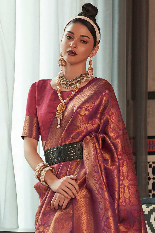Keisha Purple Silk Blend Ethnic Motif Ready To Wear One Minute Saree