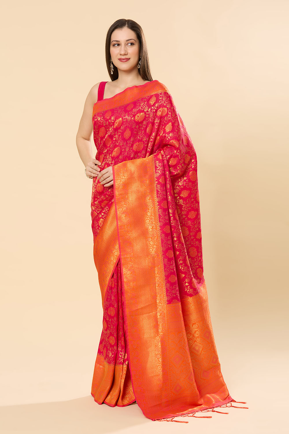 Urvi Orange & Magenta Silk Blend Paisley Dharmavaram One Minute Saree
