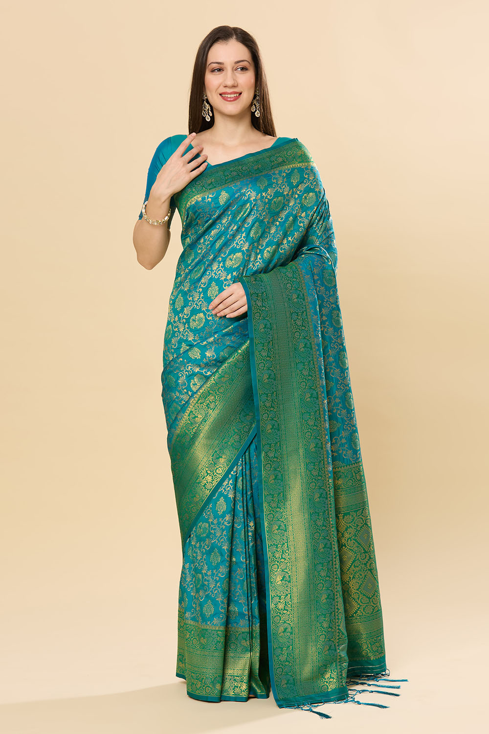 Katrina Green & Teal Blue Silk Blend Dharmavaram One Minute Saree