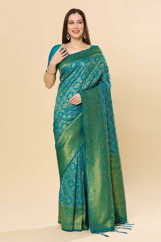 Katrina Green & Teal Blue Silk Blend Dharmavaram One Minute Saree