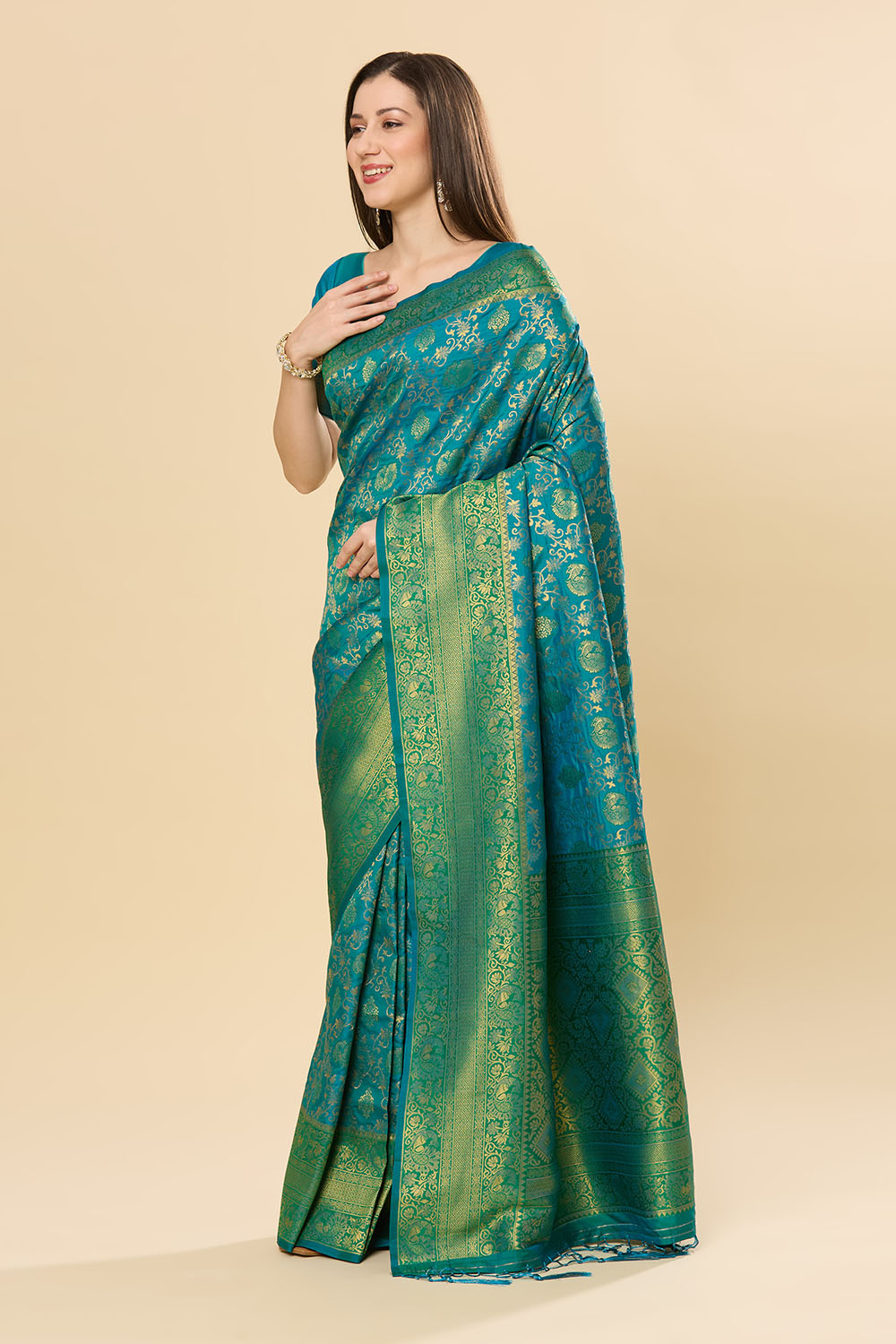 Katrina Green & Teal Blue Silk Blend Dharmavaram One Minute Saree