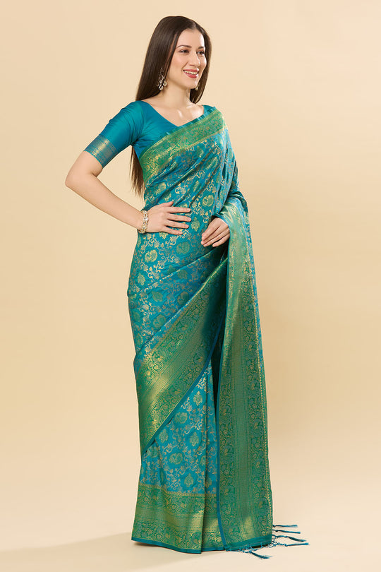 Katrina Green & Teal Blue Silk Blend Dharmavaram One Minute Saree