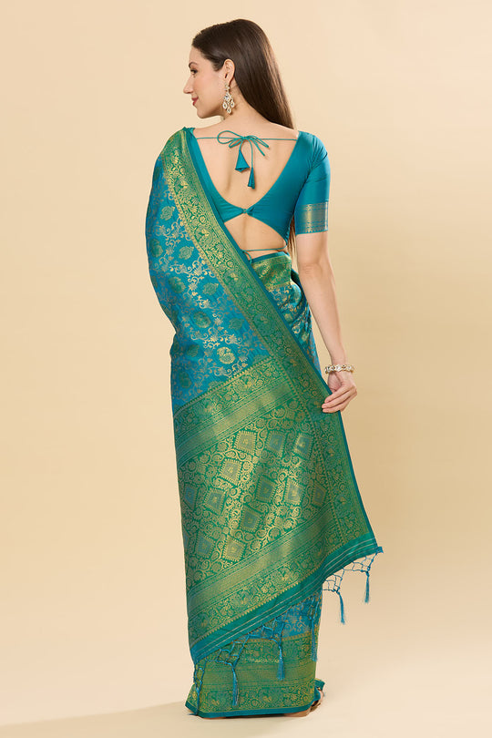 Katrina Green & Teal Blue Silk Blend Dharmavaram One Minute Saree