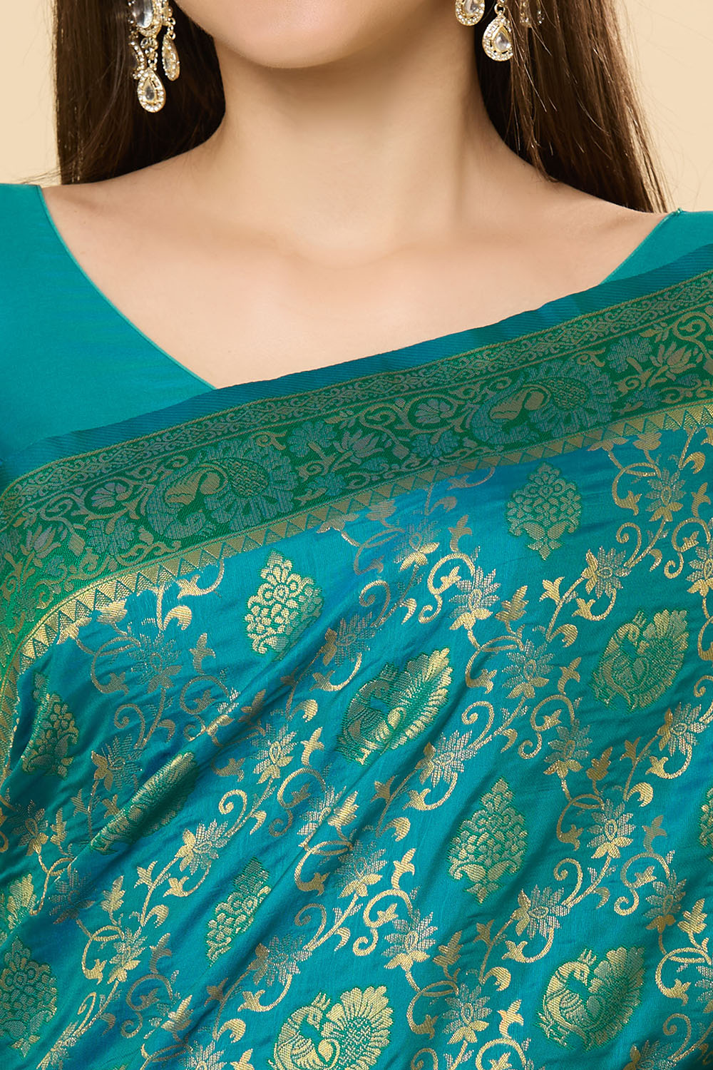 Katrina Green & Teal Blue Silk Blend Dharmavaram One Minute Saree
