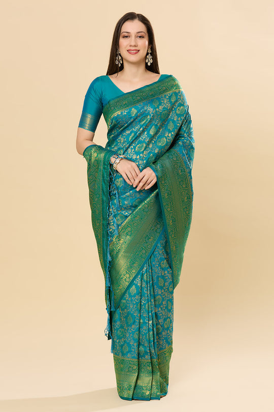 Katrina Green & Teal Blue Silk Blend Dharmavaram One Minute Saree