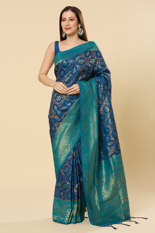 Nur Navy Blue Silk Blend Paisley Woven Design Dharmavaram One Minute Saree