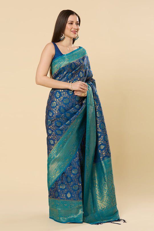 Nur Navy Blue Silk Blend Paisley Woven Design Dharmavaram One Minute Saree