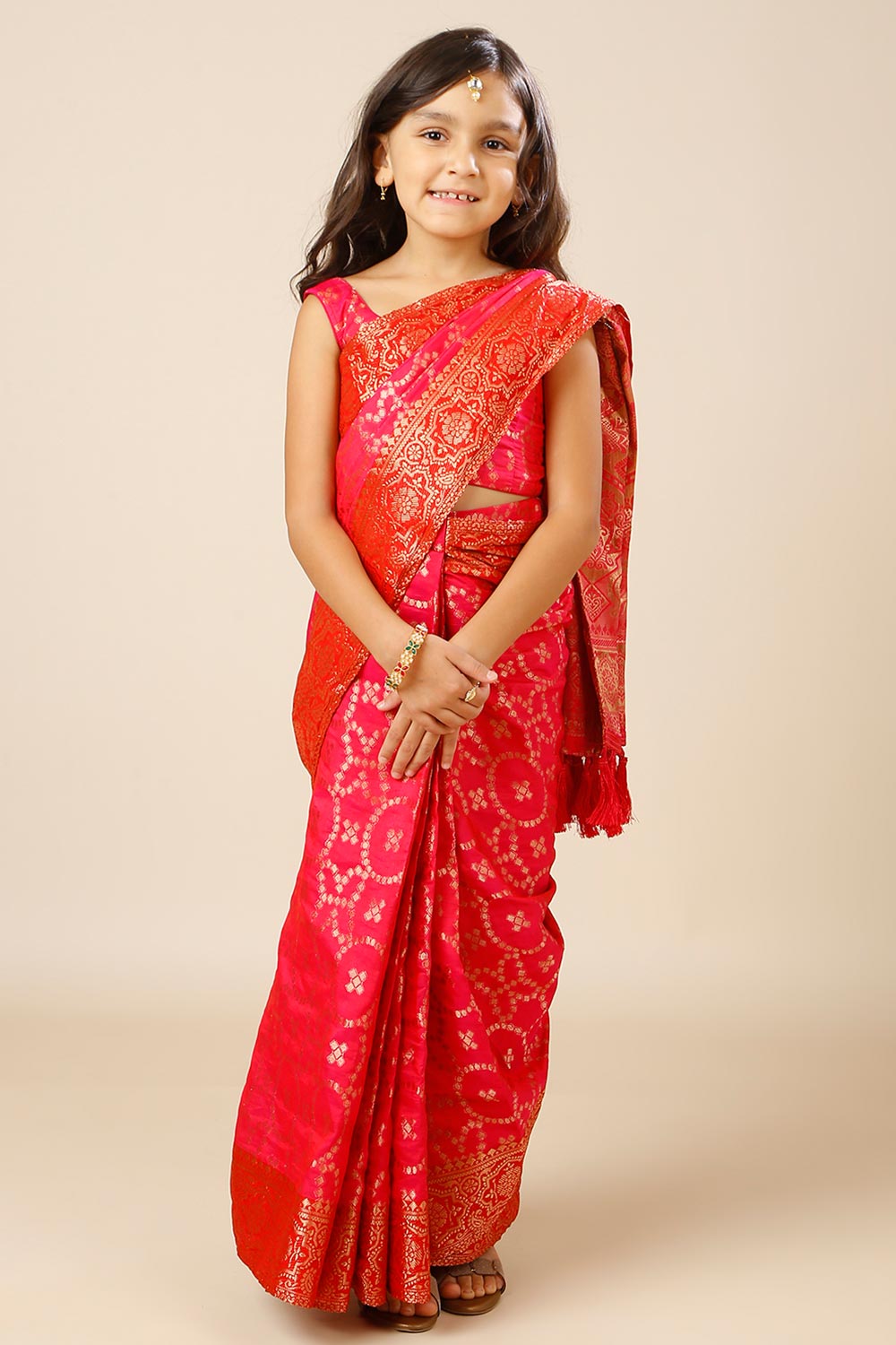 Ruchi Pink Woven Silk Blend One Minute Saree for Kids & Tweens