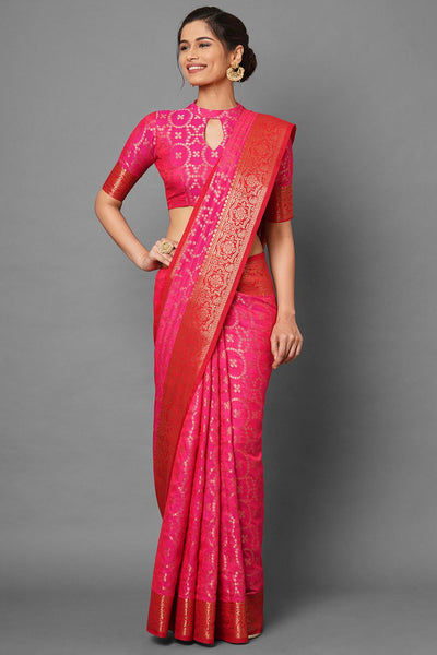 Buy Women's Pink Zari Silk Blend One Minute Saree