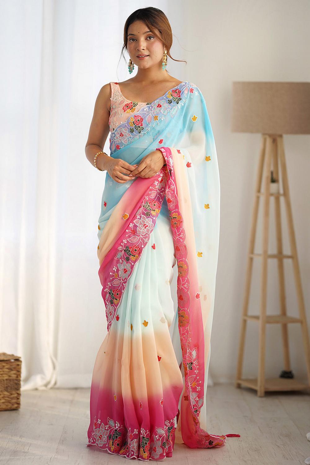 Buy Kesari Blue Georgette Embroidered Ready to Wear One Minute Saree