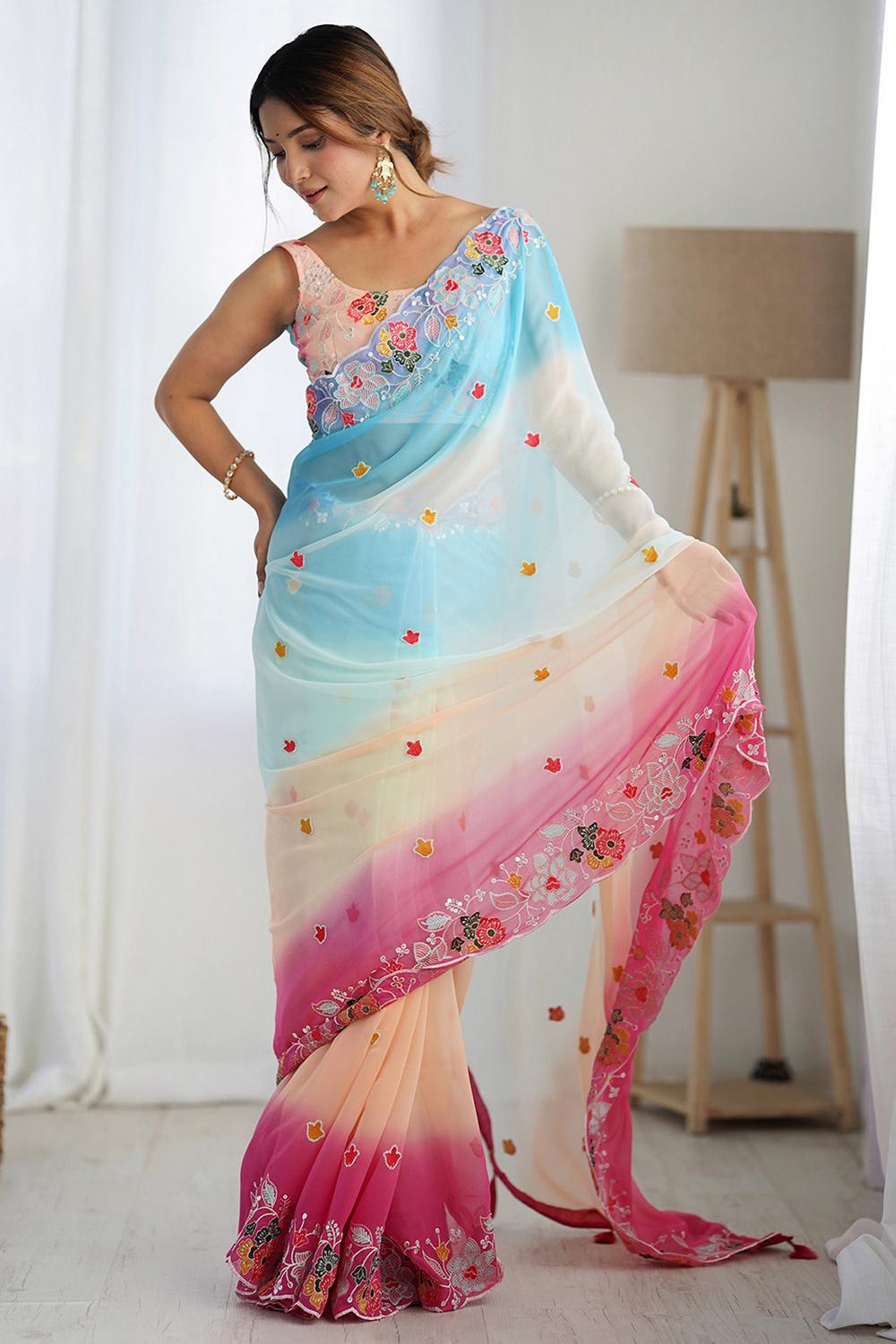 Tania Blue Georgette Embroidered Ready to Wear One Minute Saree