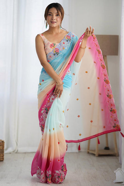Tania Blue Georgette Embroidered Ready to Wear One Minute Saree