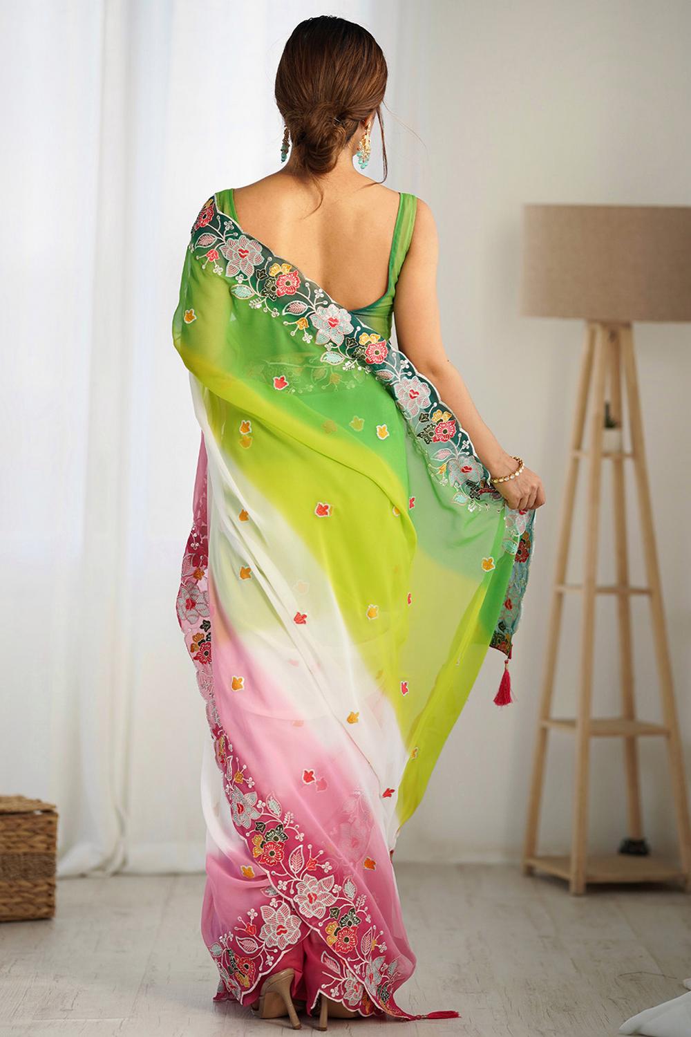 Tania Green Georgette Embroidered Ready to Wear One Minute Saree