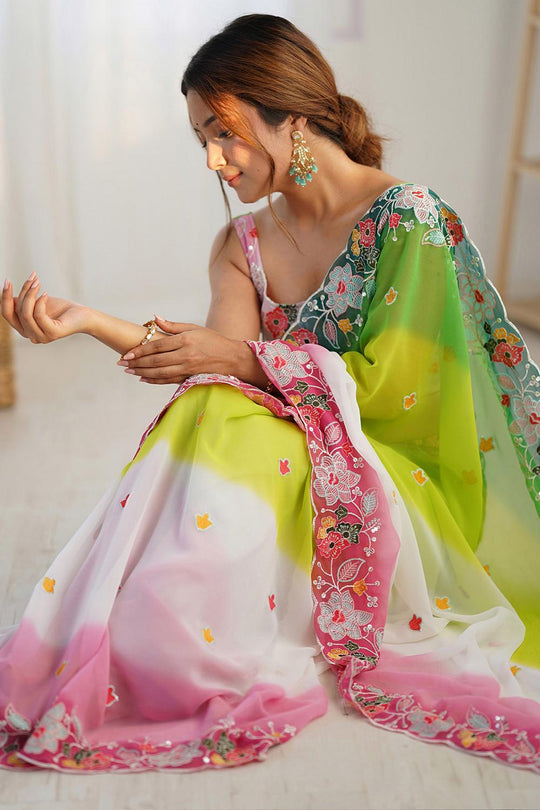 Tania Green Georgette Embroidered Ready to Wear One Minute Saree