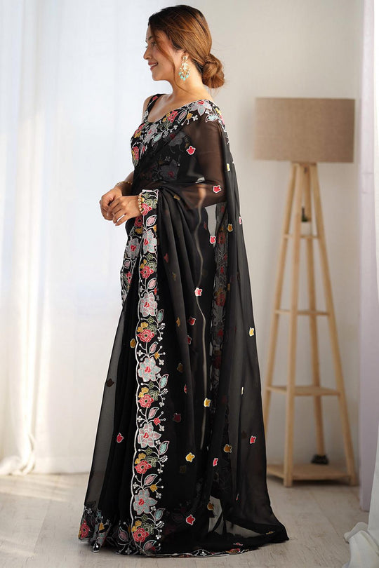 Tania  Black Georgette Embroidered Ready to Wear One Minute Saree