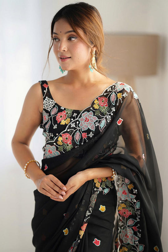 Tania  Black Georgette Embroidered Ready to Wear One Minute Saree
