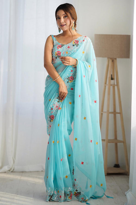 Buy Kesari Light Blue Georgette Embroidered Ready to Wear One Minute Saree