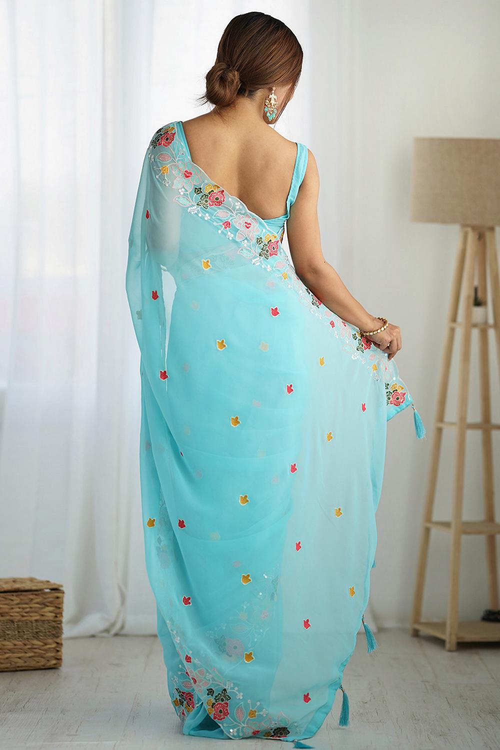 Tania Light Blue Georgette Embroidered Ready to Wear One Minute Saree