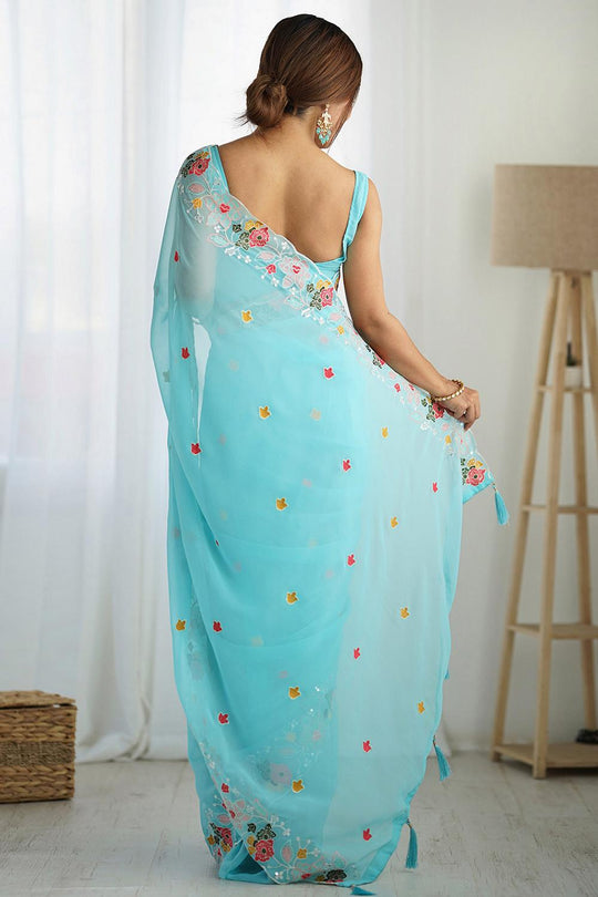 Tania Light Blue Georgette Embroidered Ready to Wear One Minute Saree
