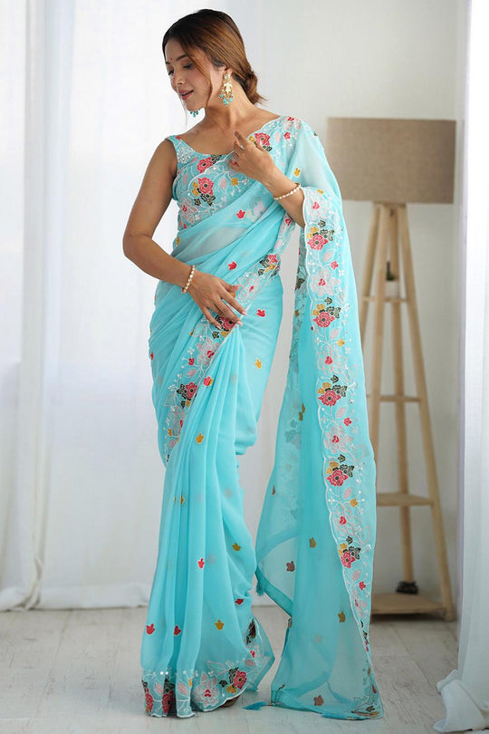 Tania Light Blue Georgette Embroidered Ready to Wear One Minute Saree
