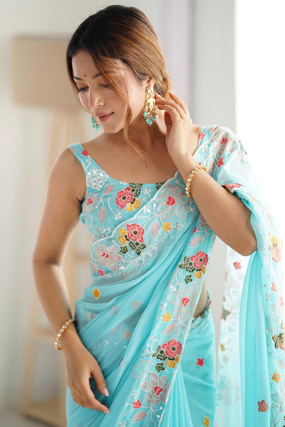 Tania Light Blue Georgette Embroidered Ready to Wear One Minute Saree