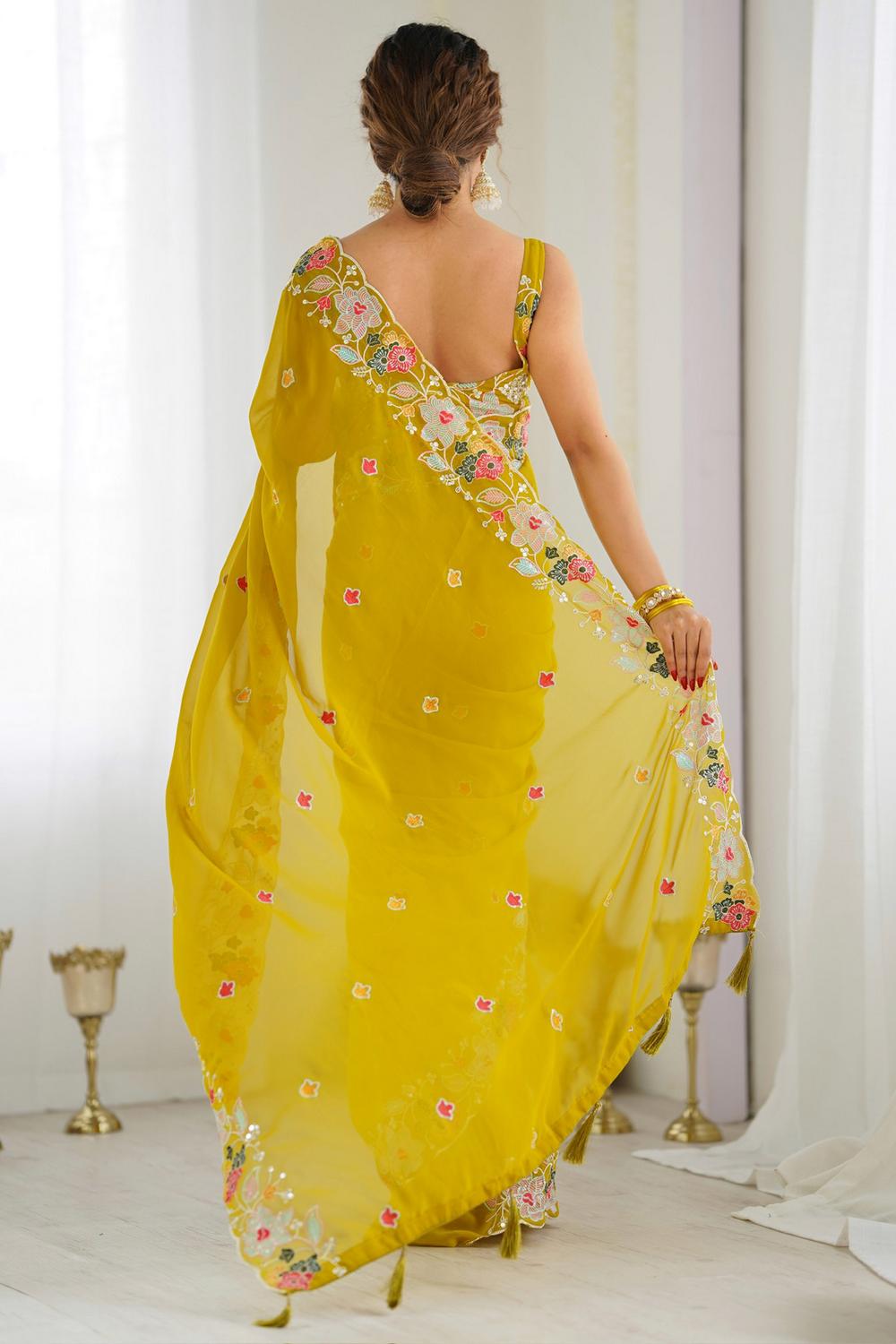 Tania Mustard Georgette Embroidered Ready to Wear One Minute Saree