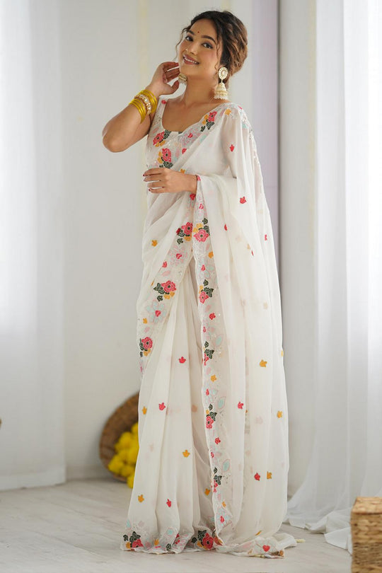 Tania White Georgette Embroidered Ready to Wear One Minute Saree