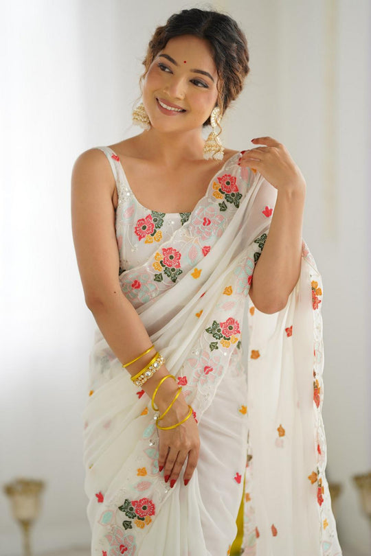Tania White Georgette Embroidered Ready to Wear One Minute Saree