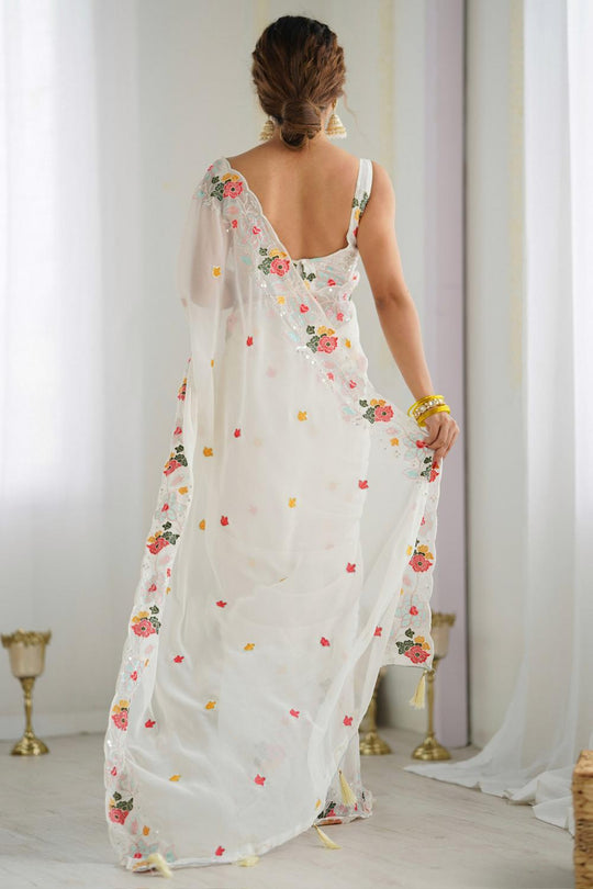 Tania White Georgette Embroidered Ready to Wear One Minute Saree