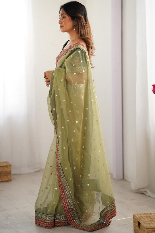 Kara Light Green Organza Embellished Ready to Wear One Minute Saree