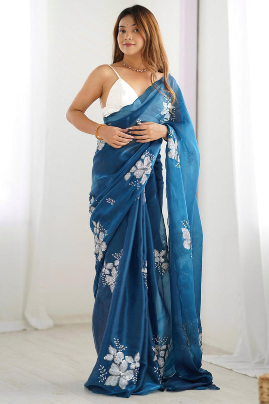 Kara Blue Organza Embellished Ready to Wear One Minute Saree