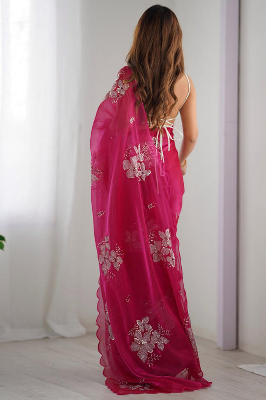 Kara Pink Organza Embellished Ready to Wear One Minute Saree