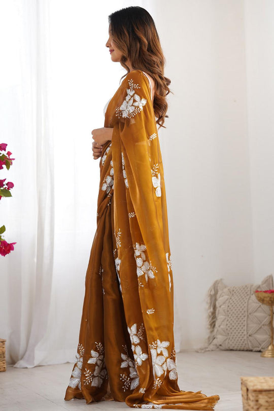 Kara Camel Brown Organza Embellished Ready to Wear One Minute Saree