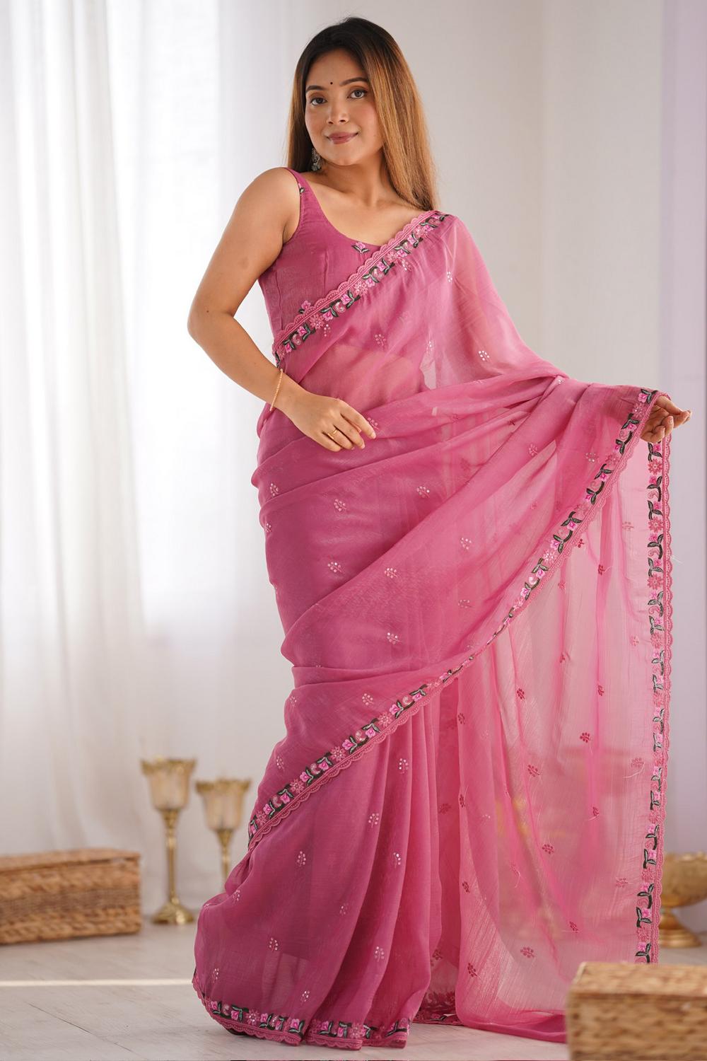 Buy Kesari Pink Paper Silk Embroidered Ready to Wear One Minute Saree