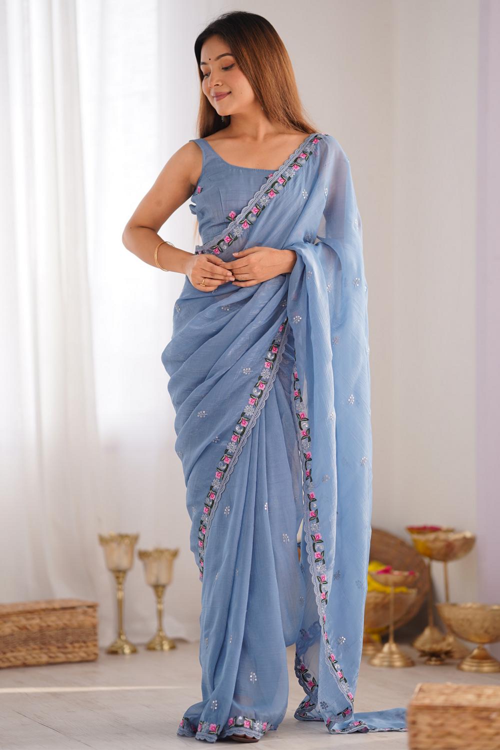 Buy Kesari Blue Paper Silk Embroidered Ready to Wear One Minute Saree