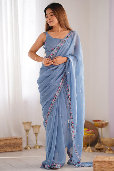 Buy Kesari Blue Paper Silk Embroidered Ready to Wear One Minute Saree