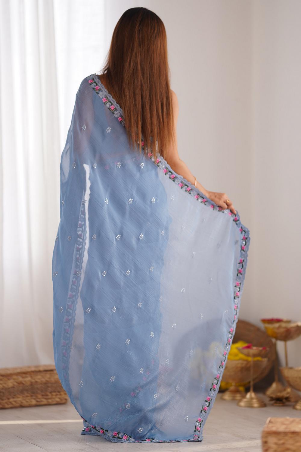Mira Blue Paper Silk Embroidered Ready to Wear One Minute Saree